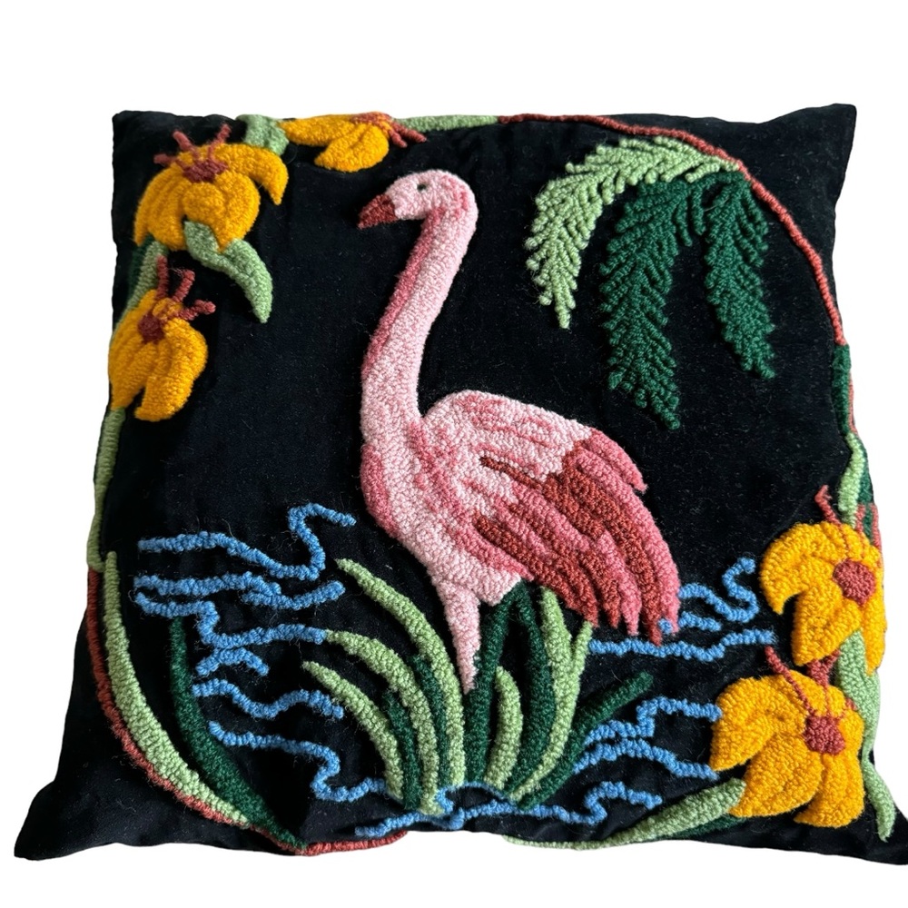 Flamingo Floral 17" Throw Pillows Velvet Chenille Retro  Tropical Palm Tree - Picture 2 of 3